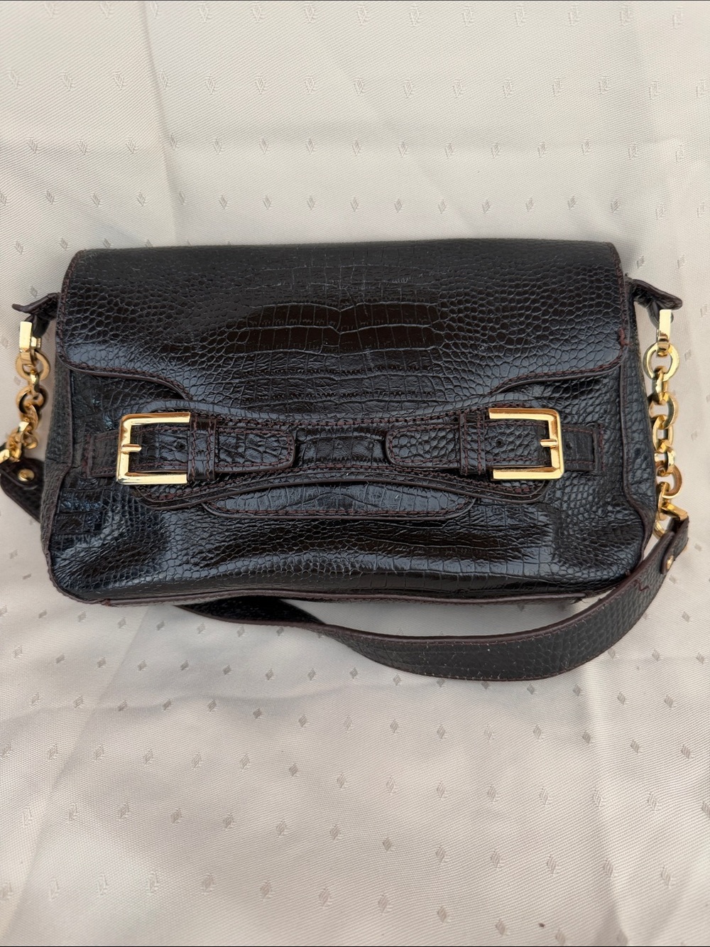 Etienne Aigner Dark Brown Croc-Embossed Shoulder Bag with Gold Hardware